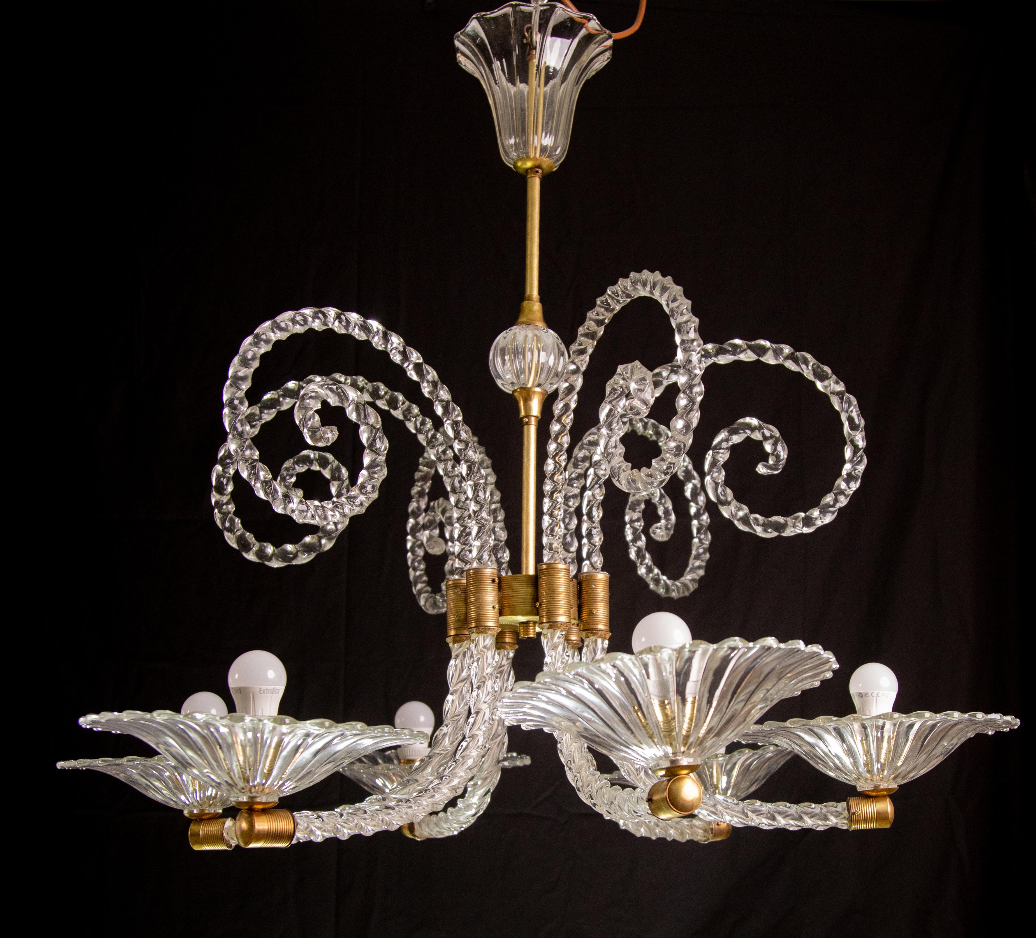 Italian Extraordinary Art Decò Barovier e Toso Chandelier, Murano Glass, 1940s