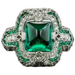 Extraordinary Art Deco Sugarloaf Colombian Emerald and Diamond Ring