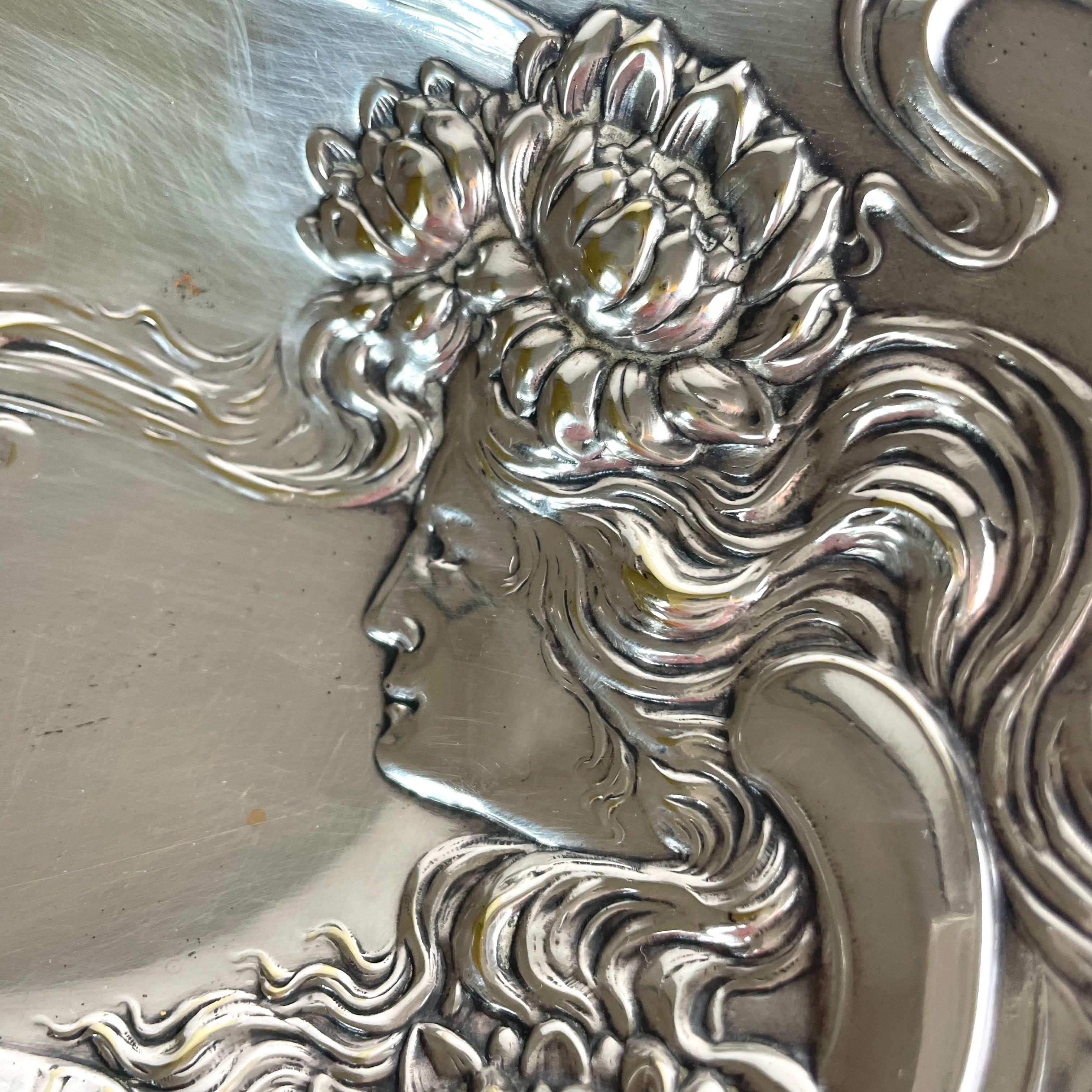 Extraordinary Art Nouveau Silvered Brass Dish, Stockholm, ca. 1900 in vendita 1