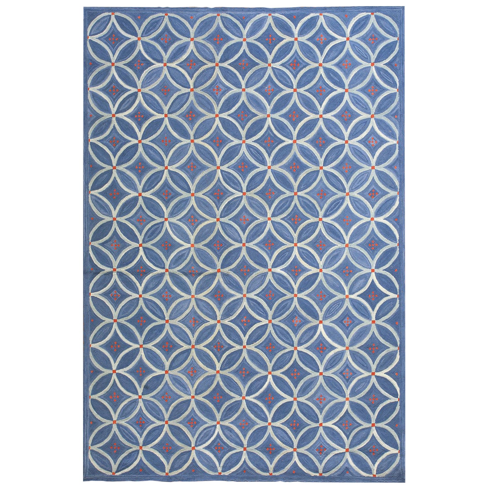 Außergewöhnlicher Blauer Geometrischer Entwurf Zeitgenössischer Amerikanischer Hooked Rug 6 x 9
