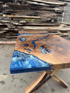 Extraordinary Blue Ocean Epoxy Resin Dining Table - Hackberry Wood Custom Table