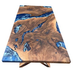 Extraordinary Blue Ocean Epoxy Resin Dining Table - Hackberry Wood Custom Table