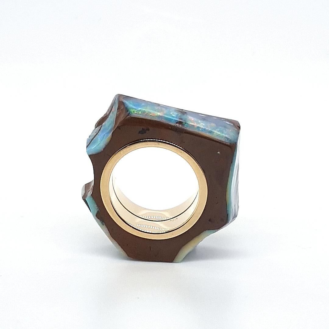Arts and Crafts Natural Statement Boulder Opal Ring with 18 Carat Yellow Gold For Sale