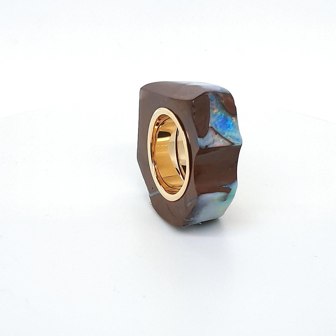 Rough Cut Natural Statement Boulder Opal Ring with 18 Carat Yellow Gold For Sale