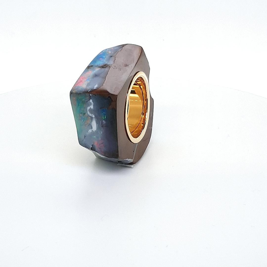 Women's Natural Statement Boulder Opal Ring with 18 Carat Yellow Gold For Sale