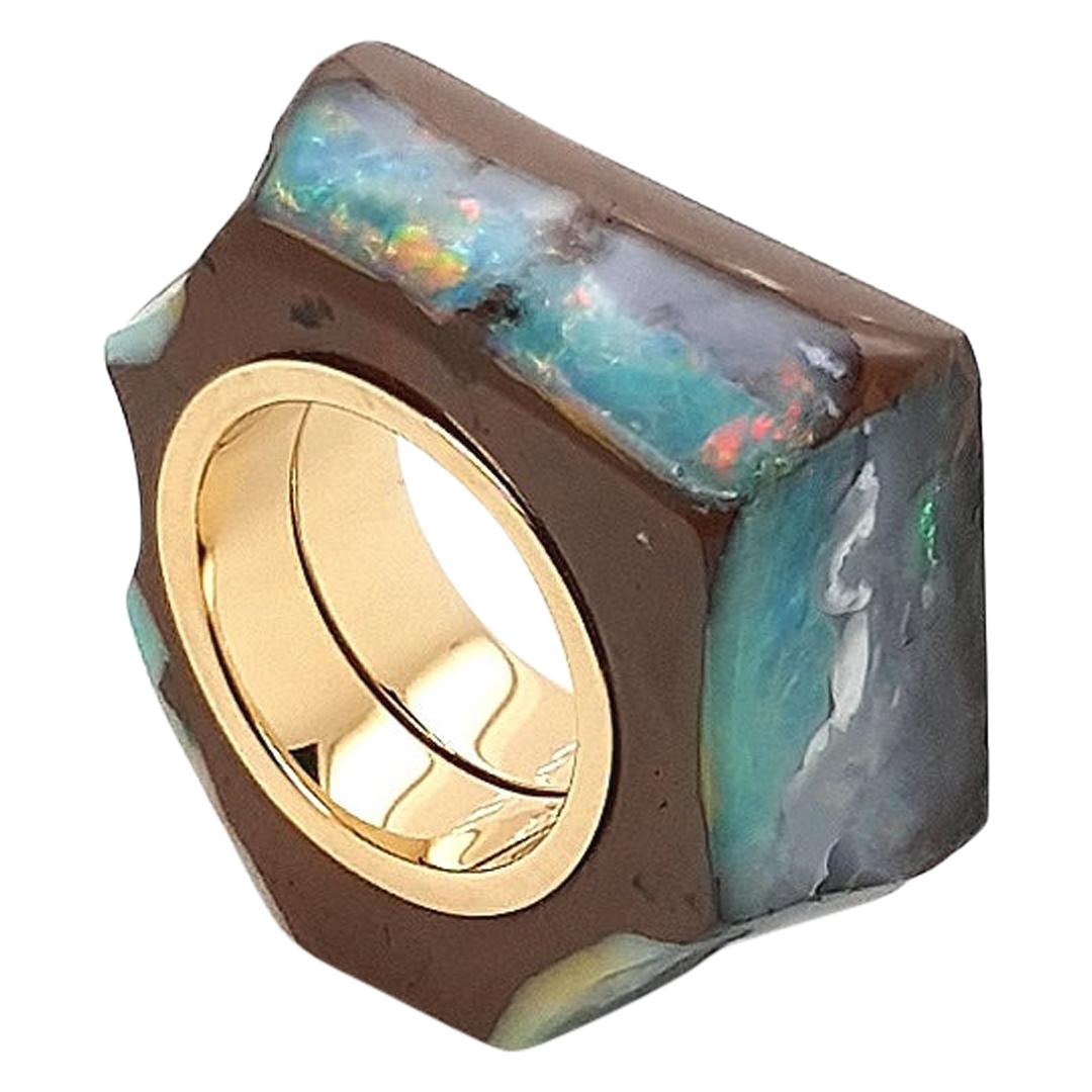 Natural Statement Boulder Opal Ring with 18 Carat Yellow Gold For Sale