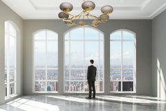 Extraordinary Brass and Grey Opaline Murano Glass Large Modern Chandelier