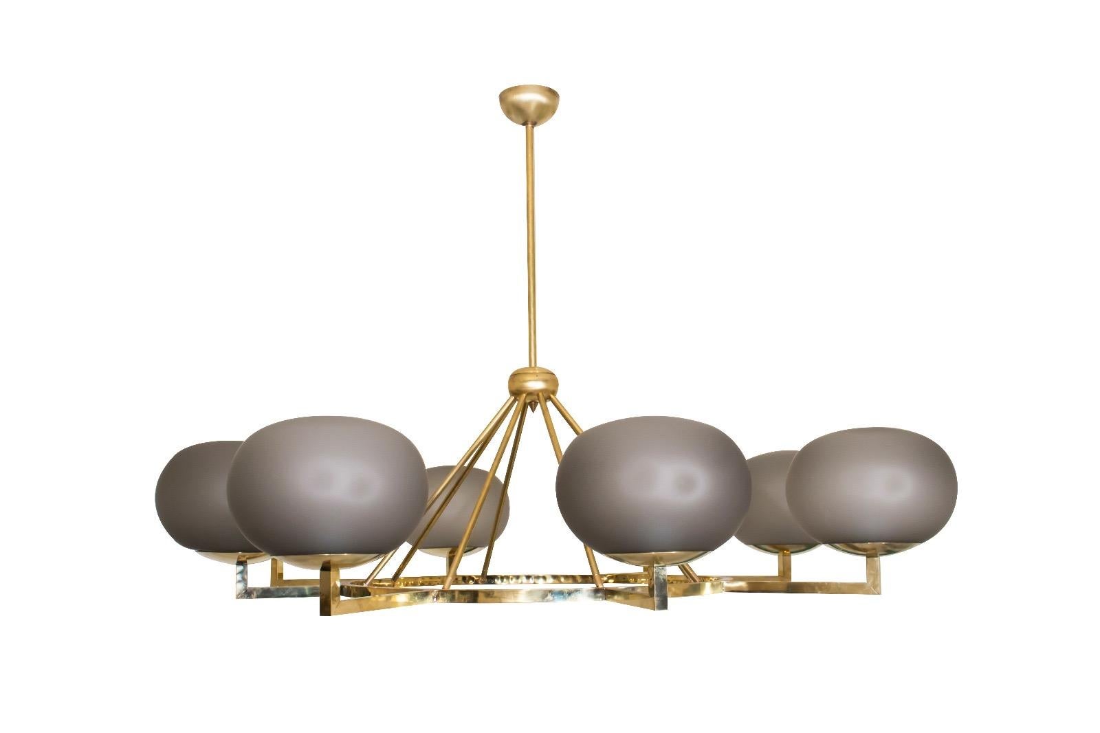 European Extraordinary Brass and Grey Opaline Murano Glass Large Modern Chandelier For Sale