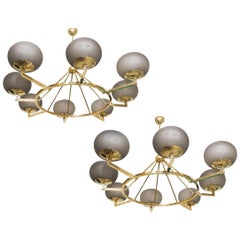 Extraordinary Brass and Grey Opaline Murano Glass Large Modern Chandelier