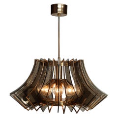 Extraordinary Brass and Smoked Glass Pendant Lamp Chandelier, Italy, 1970s