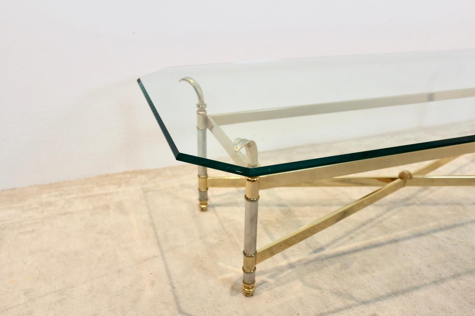 French Extraordinary Brass, Chrome and Glass Center Table, France, 1970s For Sale