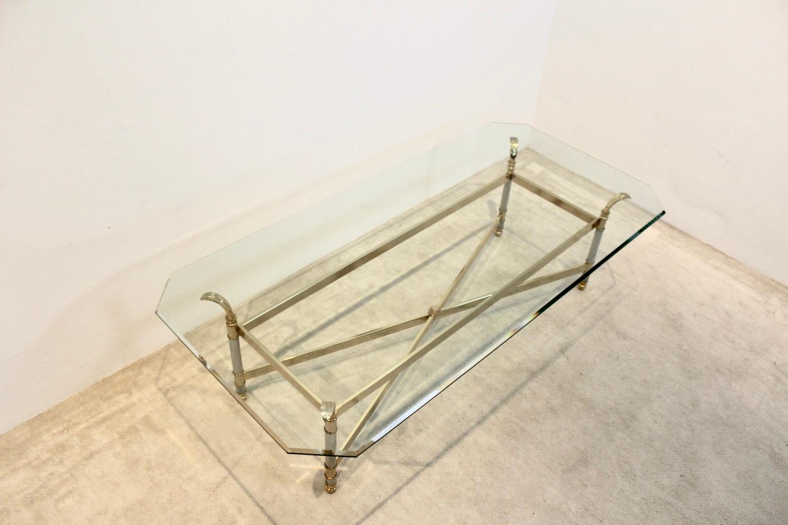 20th Century Extraordinary Brass, Chrome and Glass Center Table, France, 1970s For Sale