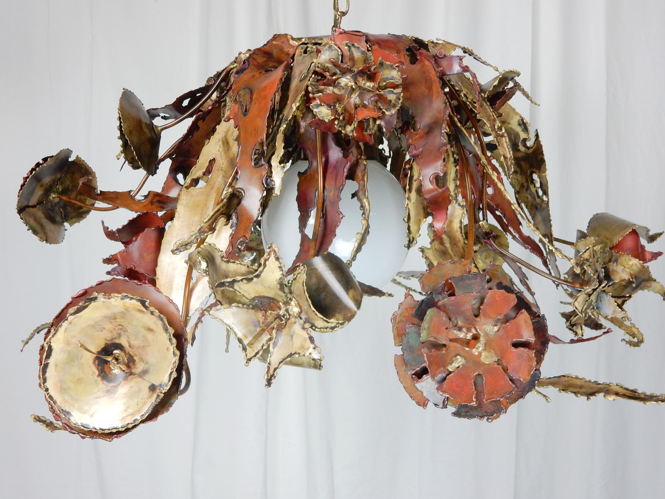 American Signed Silas Seandel 1972 Custom Brass & Copper Sculpture Chandelier For Sale