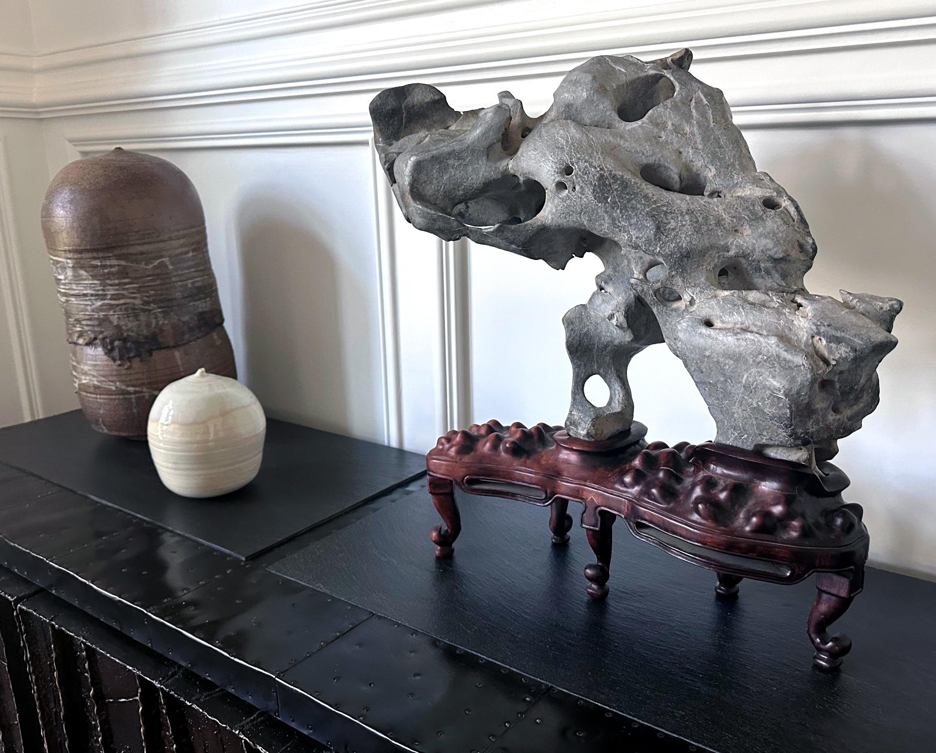 Extraordinary Chinese Taihu Scholar Stone Rare Form on Display Stand For Sale 11