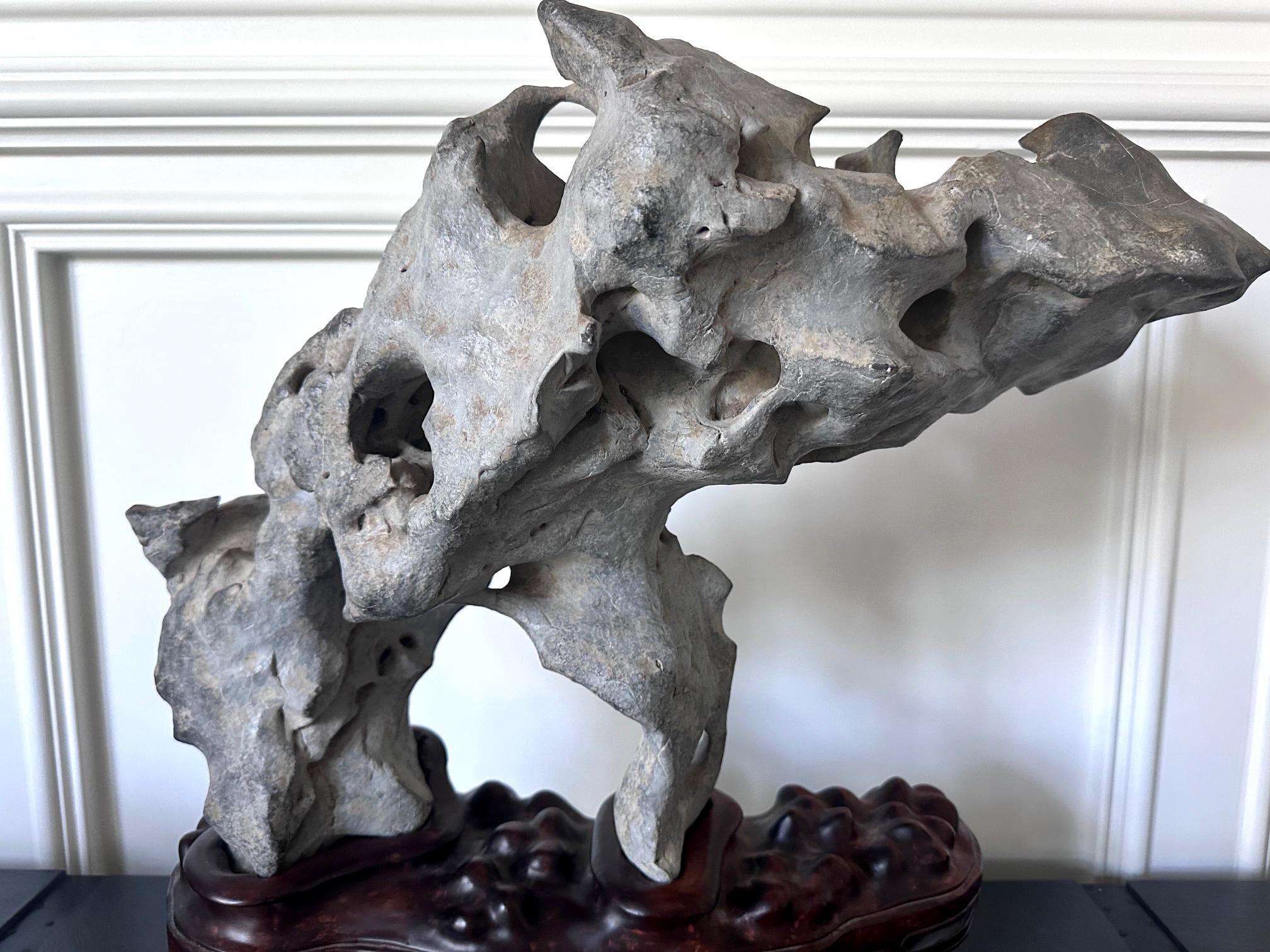 Extraordinary Chinese Taihu Scholar Stone Rare Form on Display Stand For Sale 12