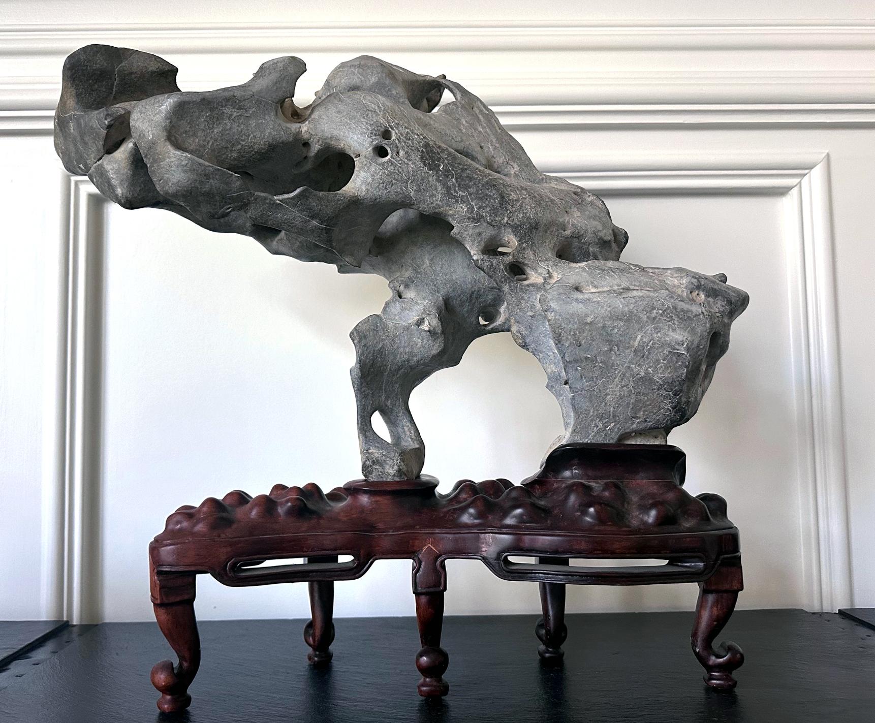 Extraordinary Chinese Taihu Scholar Stone Rare Form on Display Stand For Sale 13