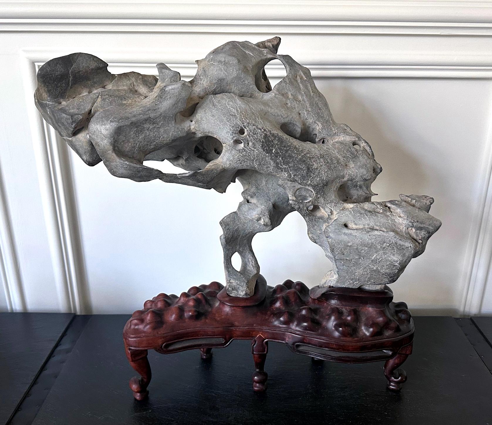 Qing Extraordinary Chinese Taihu Scholar Stone Rare Form on Display Stand For Sale
