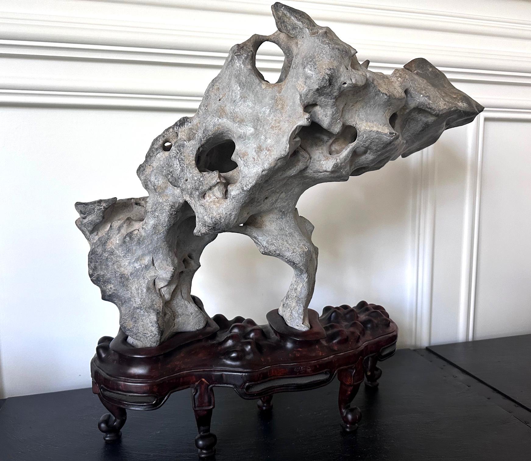 Extraordinary Chinese Taihu Scholar Stone Rare Form on Display Stand In Good Condition For Sale In Atlanta, GA