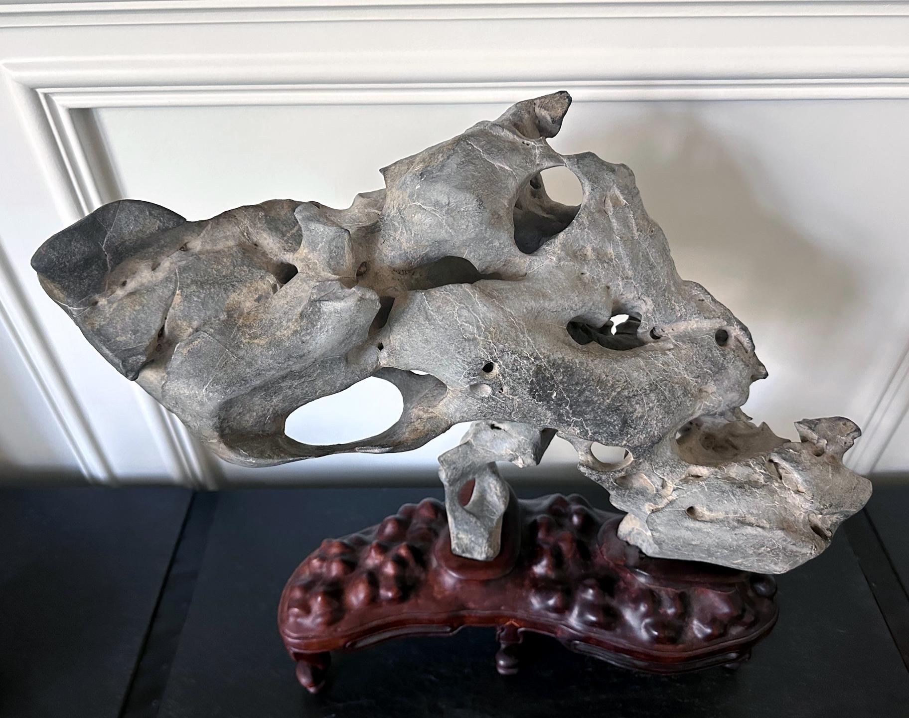 19th Century Extraordinary Chinese Taihu Scholar Stone Rare Form on Display Stand For Sale