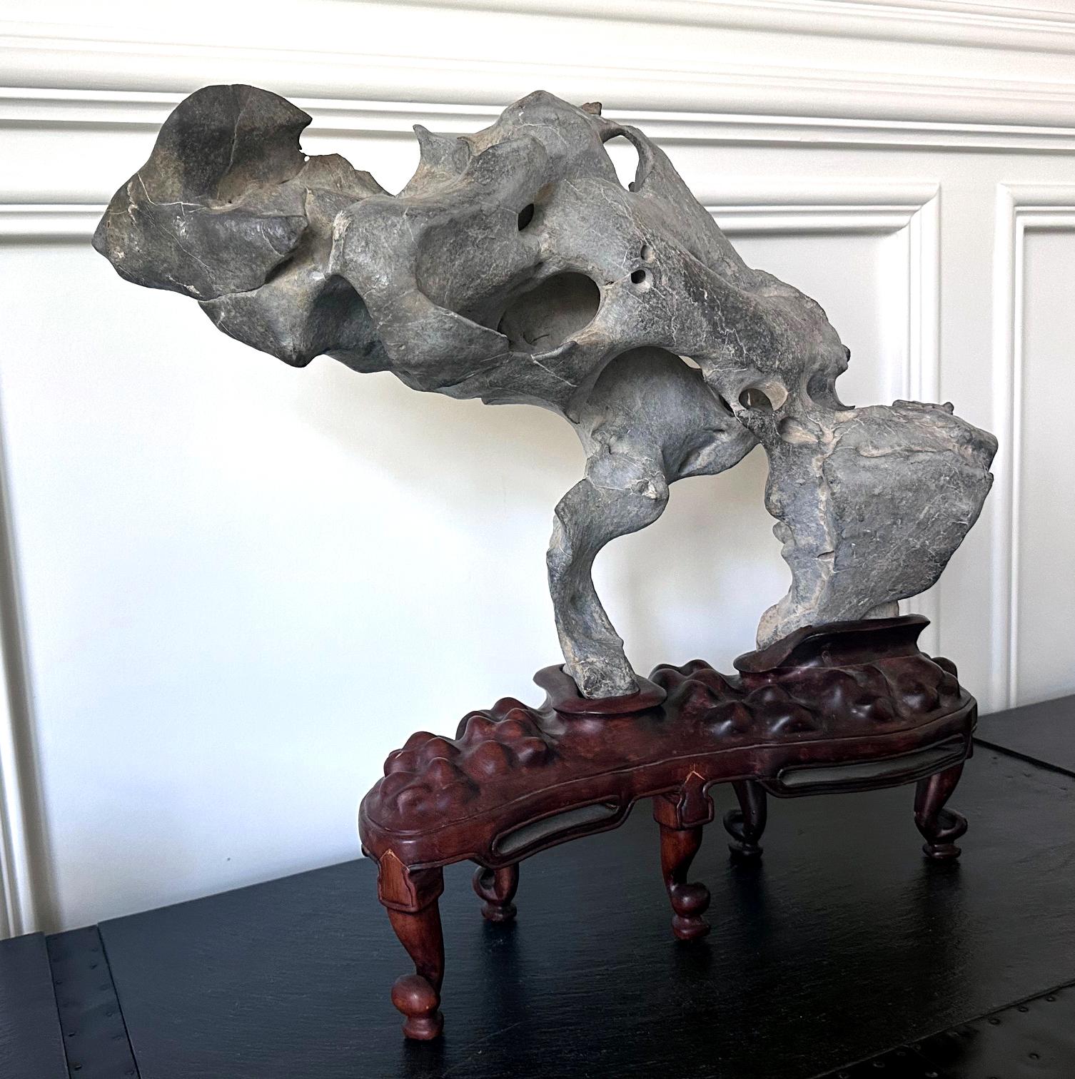 Wood Extraordinary Chinese Taihu Scholar Stone Rare Form on Display Stand For Sale