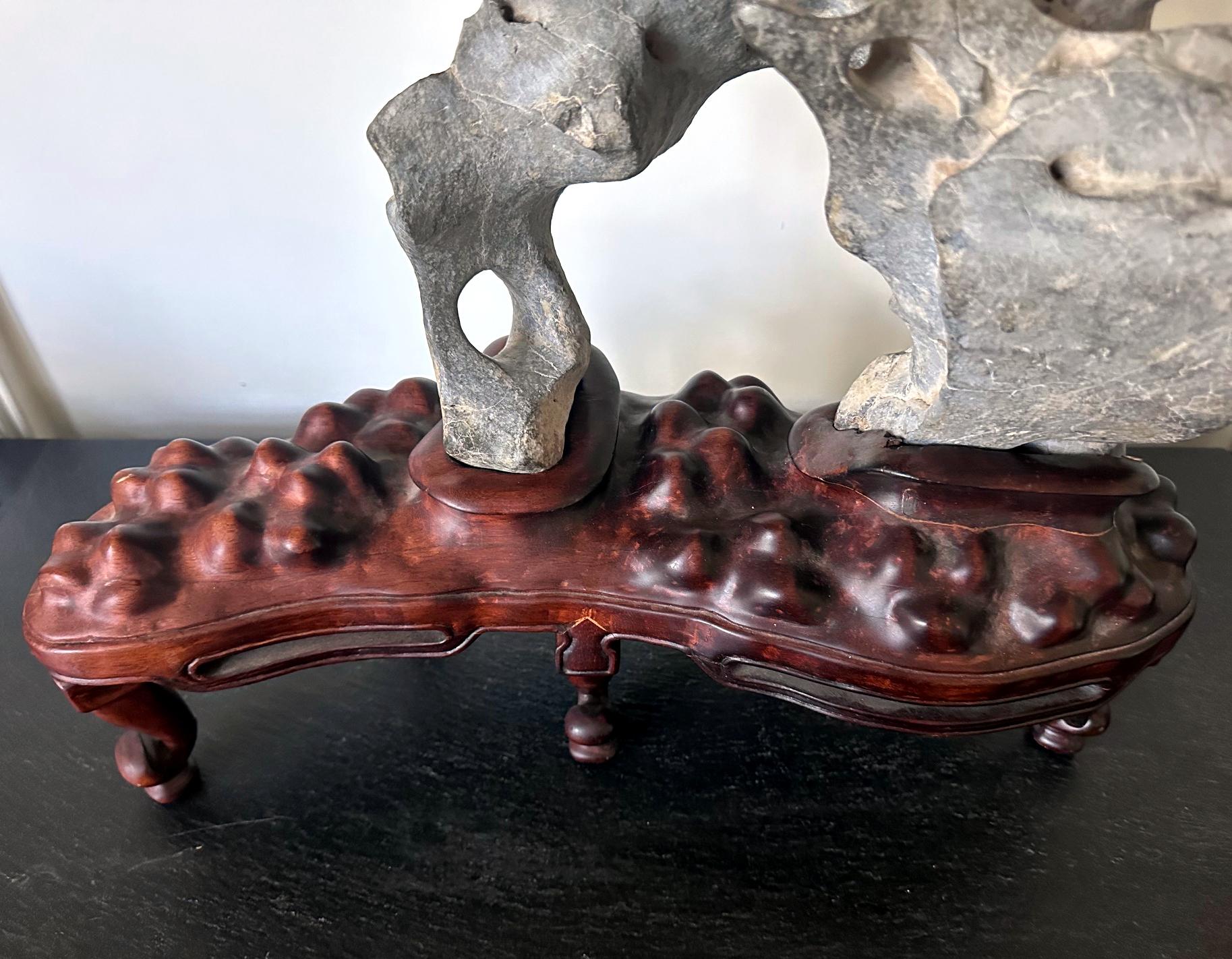 Extraordinary Chinese Taihu Scholar Stone Rare Form on Display Stand For Sale 1