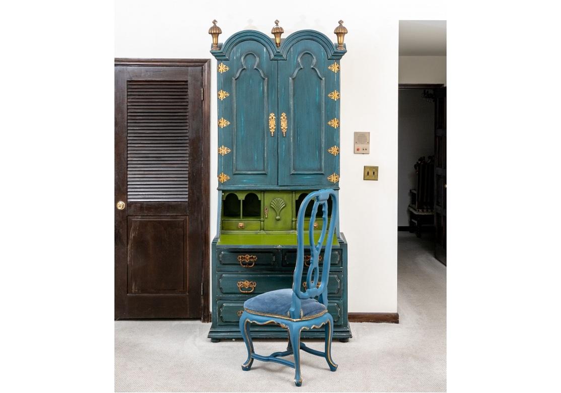 Extraordinary Colorful Rococo Style Painted Secretary Cabinet with Chair For Sale 1