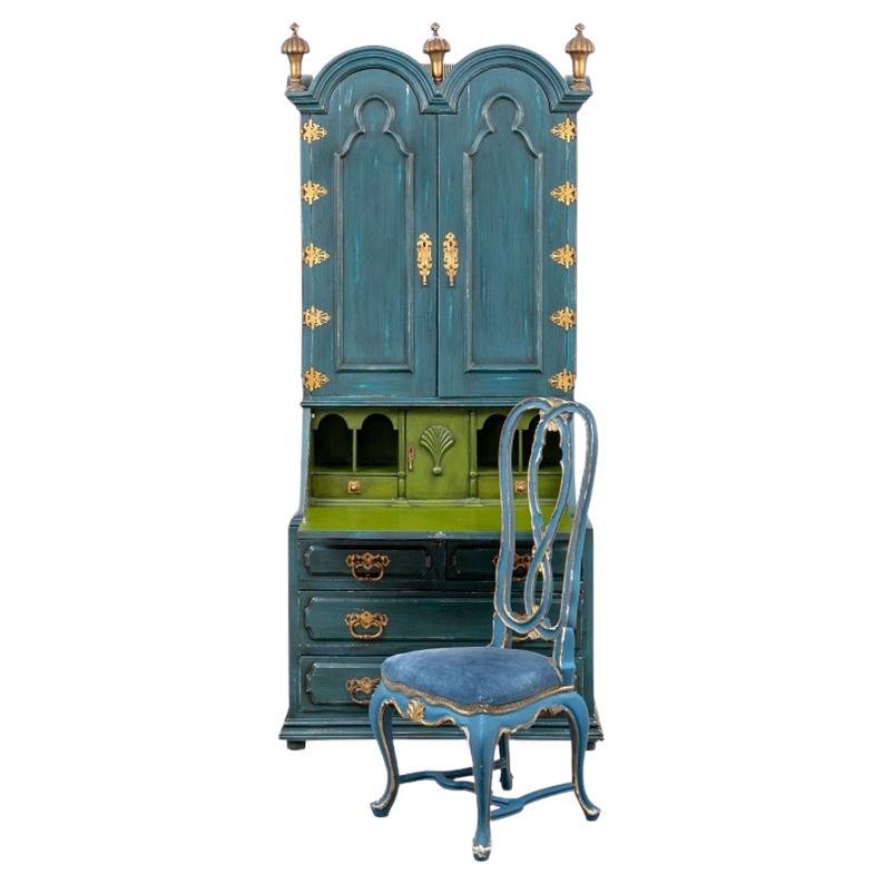 Extraordinary Colorful Rococo Style Painted Secretary Cabinet with Chair
