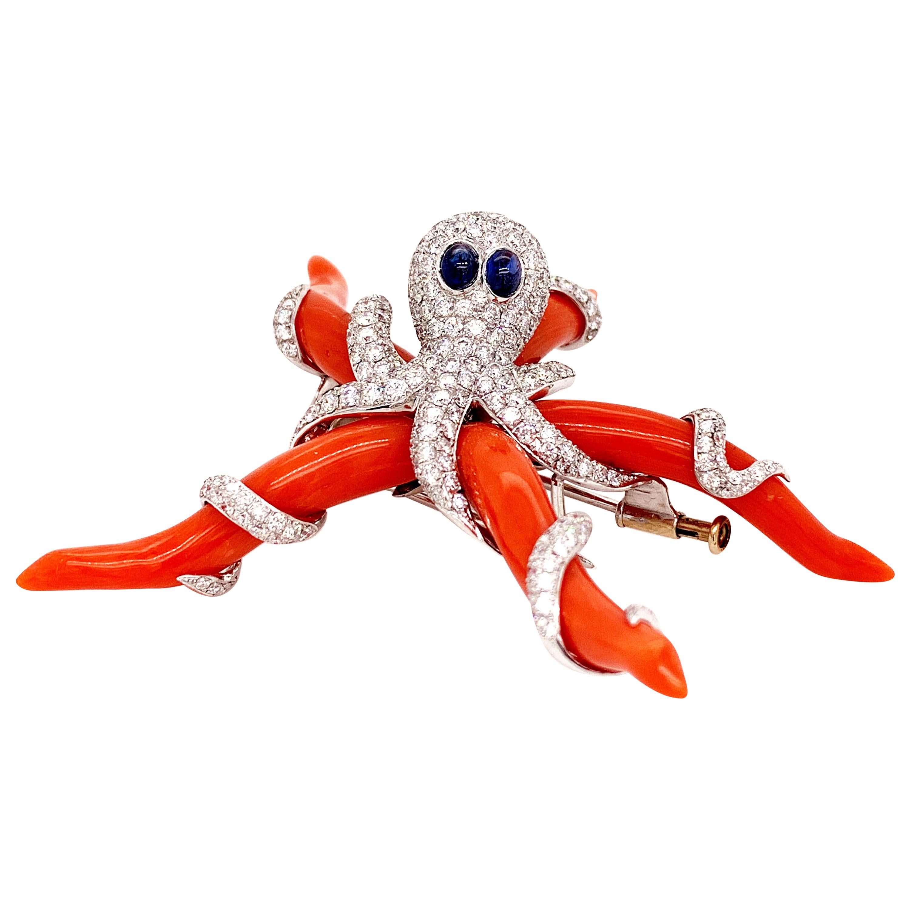 Sophia D, 39.12 Carat Octopus Coral Brooch with Diamond and Sapphire For Sale