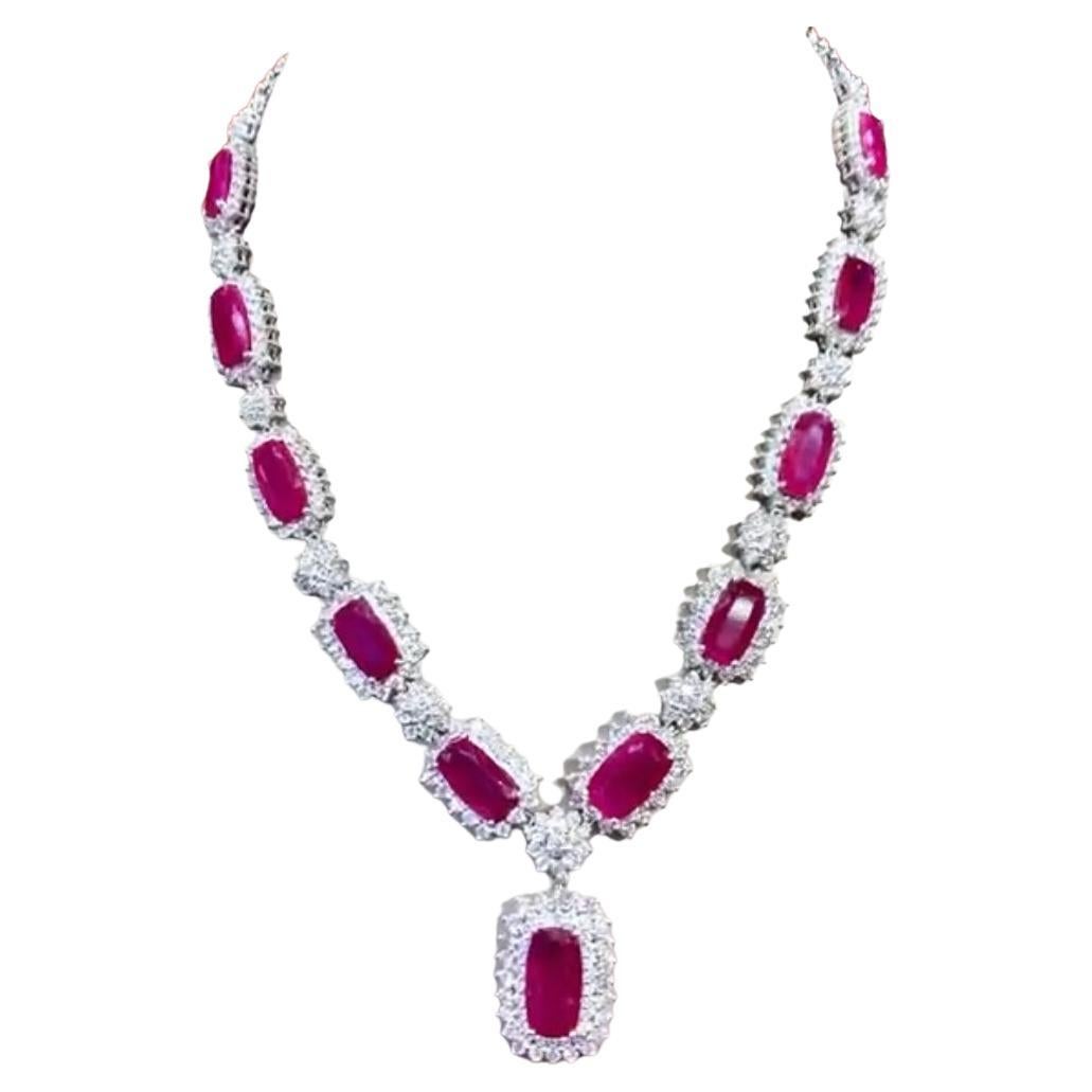 Extraordinary Design with Ct 63, 32 of Burma Rubies and Diamonds on Necklace For Sale