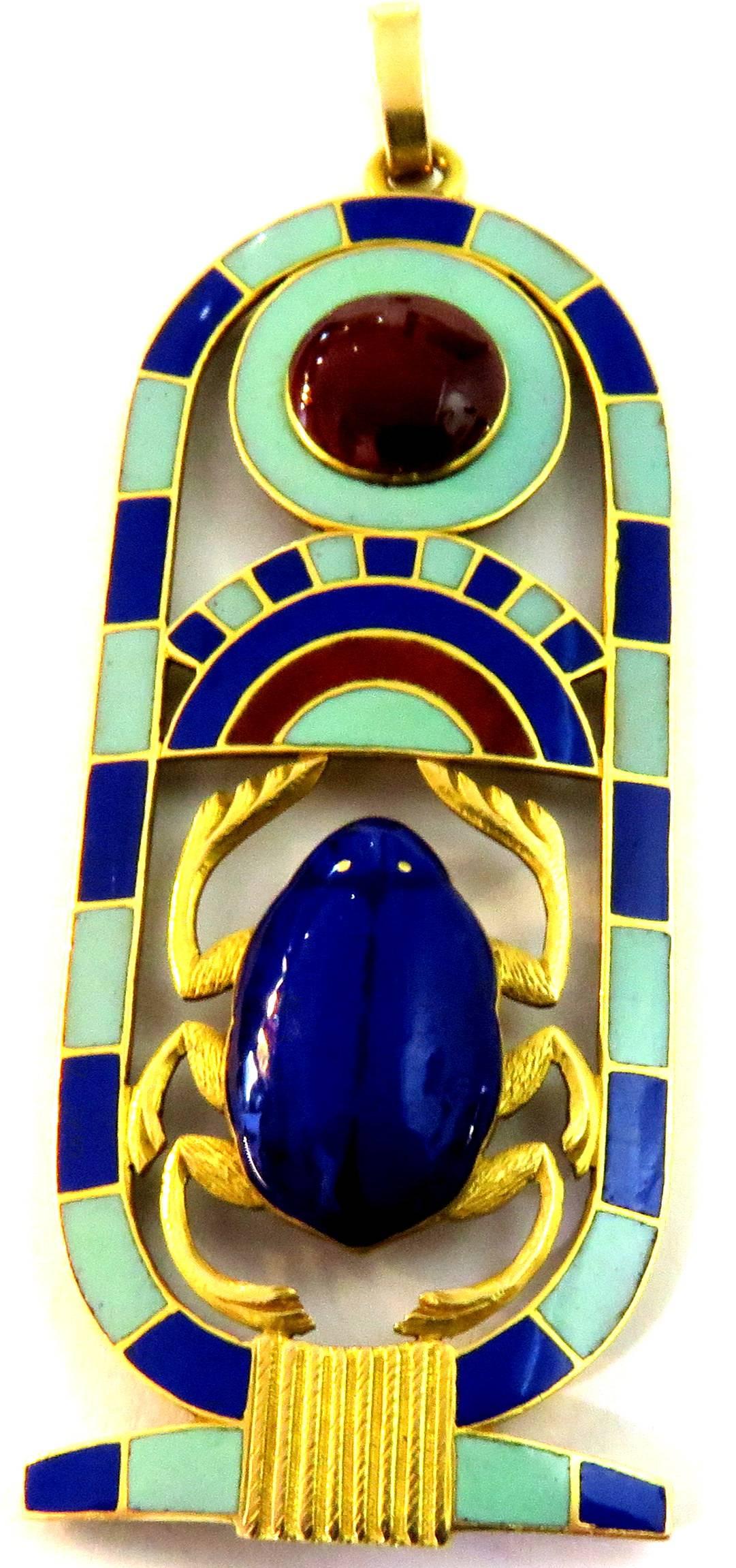 Extraordinary Detail Large Enamel Gold Egyptian Revival Kartouche Pendant Charm In Excellent Condition In Palm Beach, FL