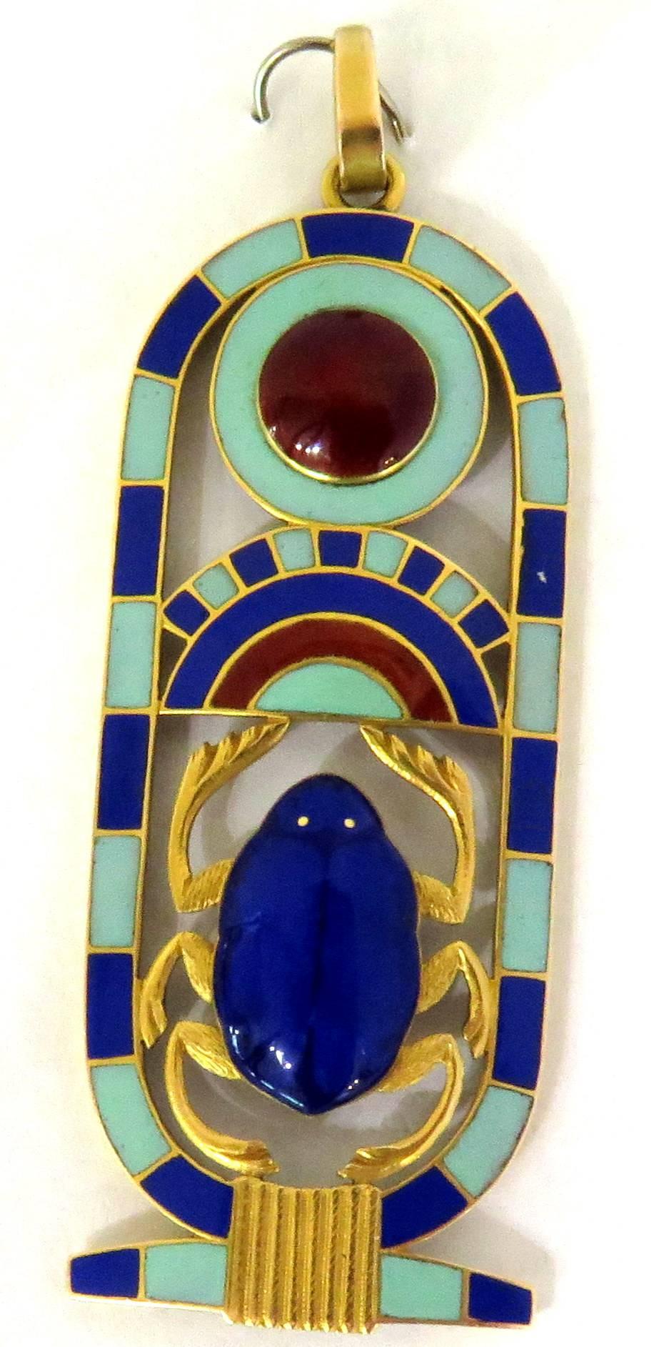 Extraordinary Detail Large Enamel Gold Egyptian Revival Kartouche Pendant Charm 4