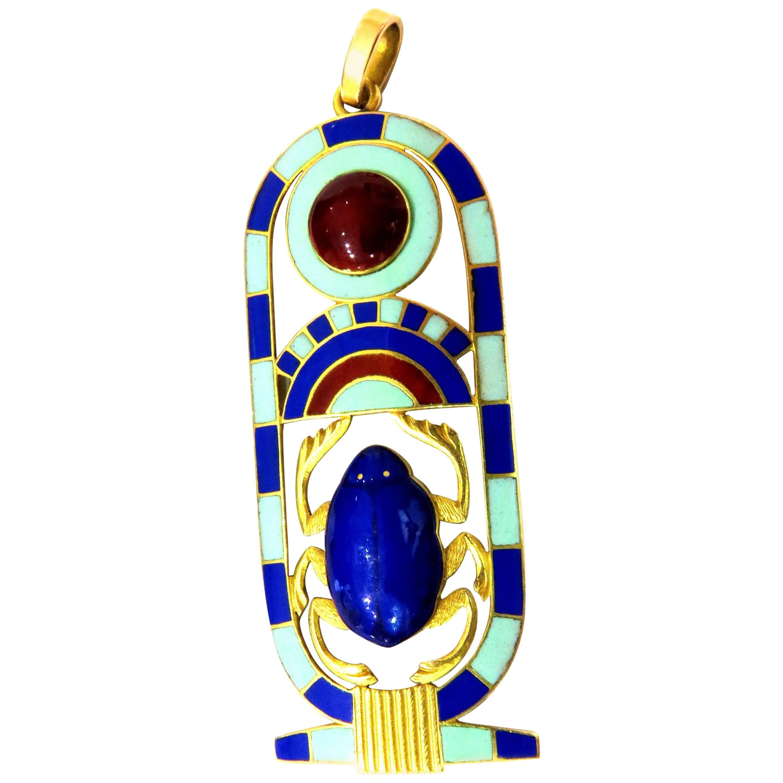 Extraordinary Detail Large Enamel Gold Egyptian Revival Kartouche Pendant Charm