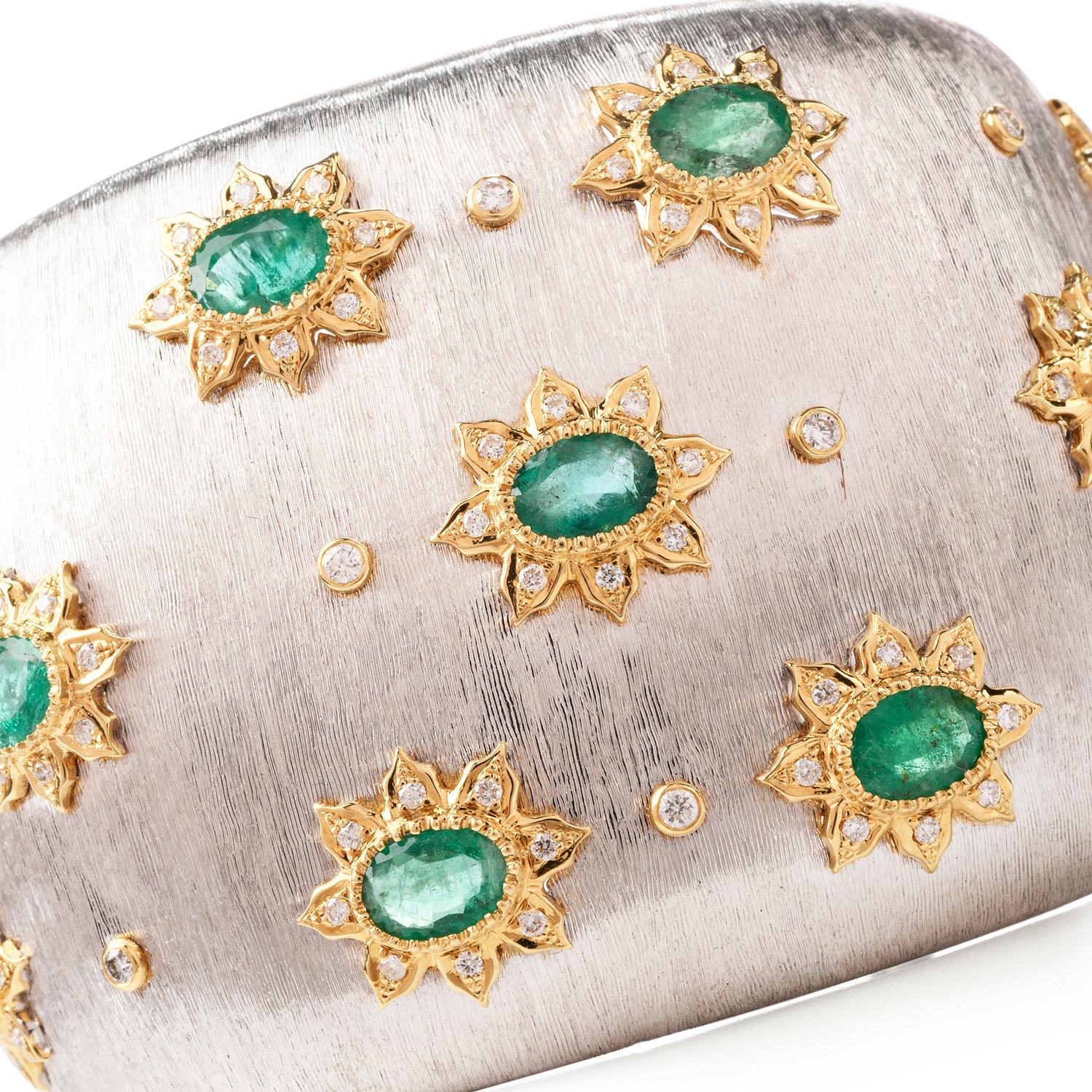 Wear the look of a Designer. This extraordinary Diamond and Emerald bracelet created in a Floral Motif and

crafted in 76.9 Grams of 18K yellow and white Gold. Measuring approx. 1-3/4 Inches wide, the brushed finish lays the stage

for the florets