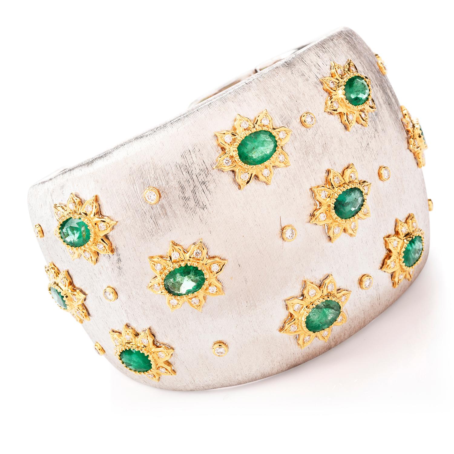 Oval Cut 21st Century Diamond Emerald Wide 18 Karat Cuff Bracelet
