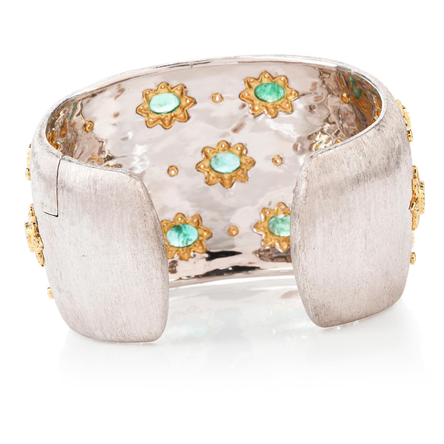 21st Century Diamond Emerald Wide 18 Karat Cuff Bracelet In Excellent Condition In Miami, FL