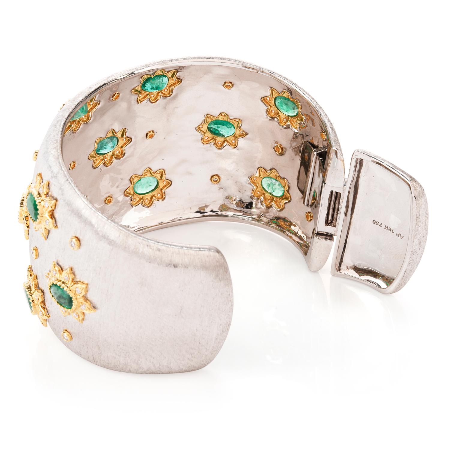 Women's or Men's 21st Century Diamond Emerald Wide 18 Karat Cuff Bracelet