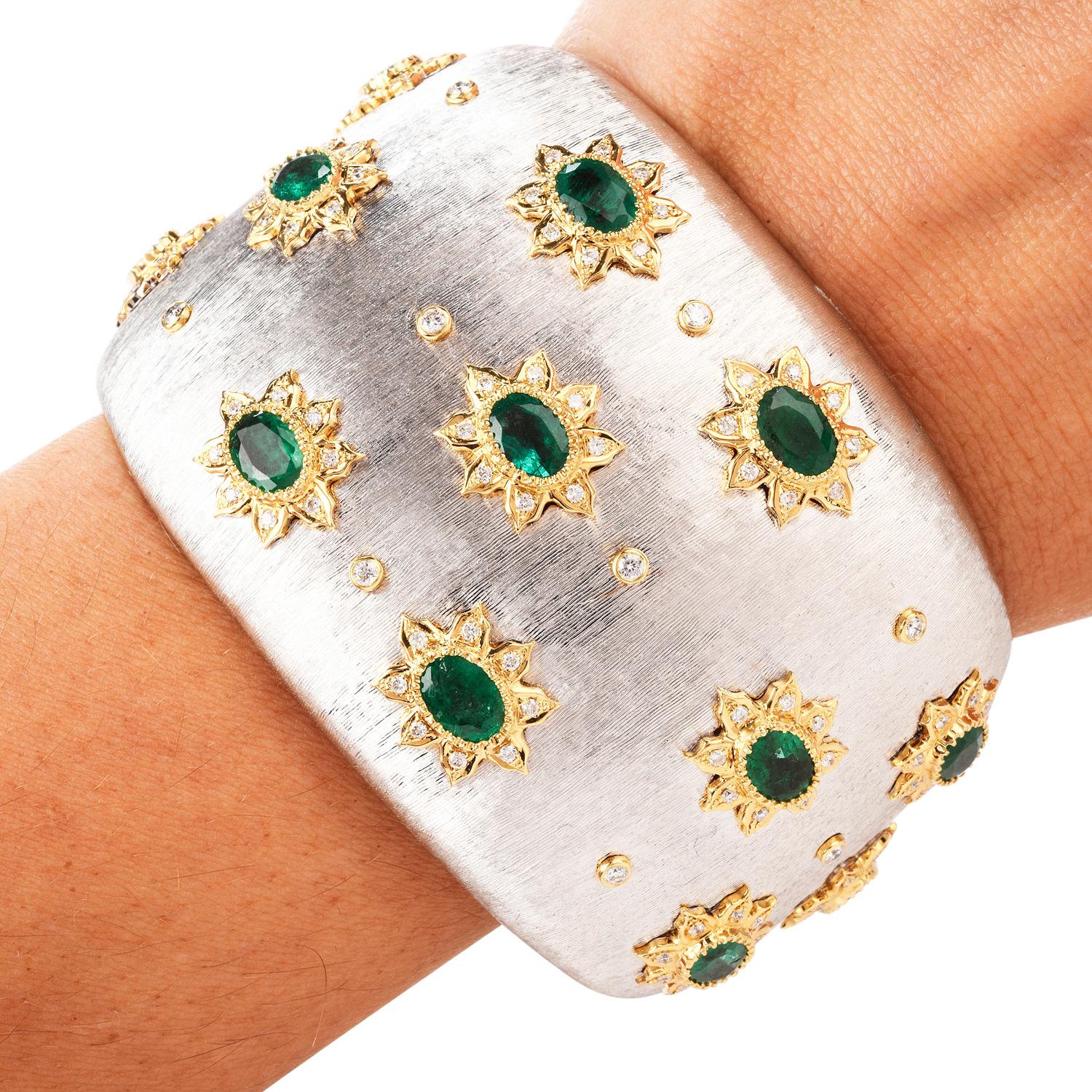 21st Century Diamond Emerald Wide 18 Karat Cuff Bracelet 1