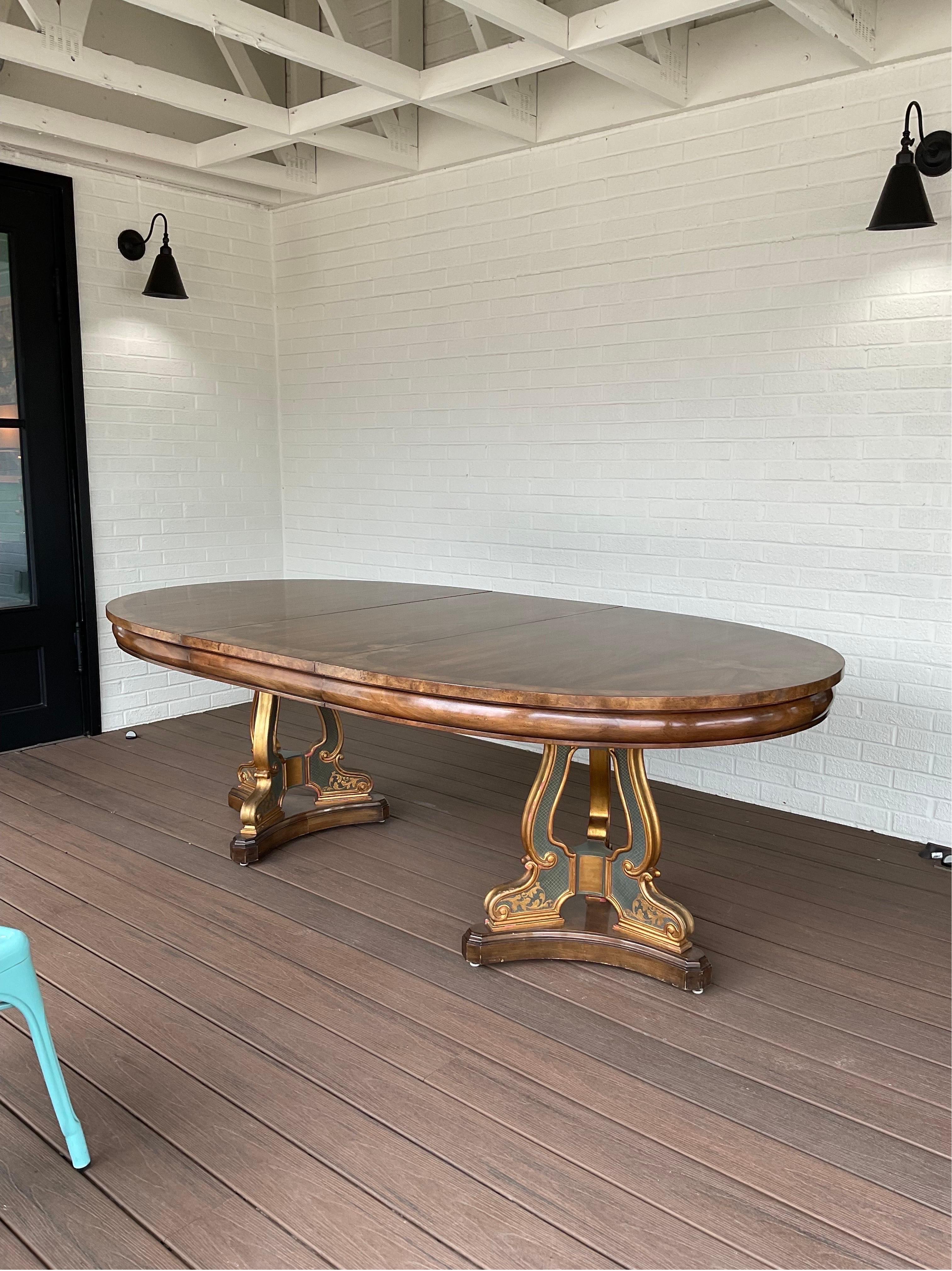 Spectacular Mastercraft Dining Table with two 20” leaves, both of which match perfectly with the tabletop. Rare to find this on vintage pieces. The tabletop with both leaves installed is brilliant. Just a stunning piece. The two pedestals that