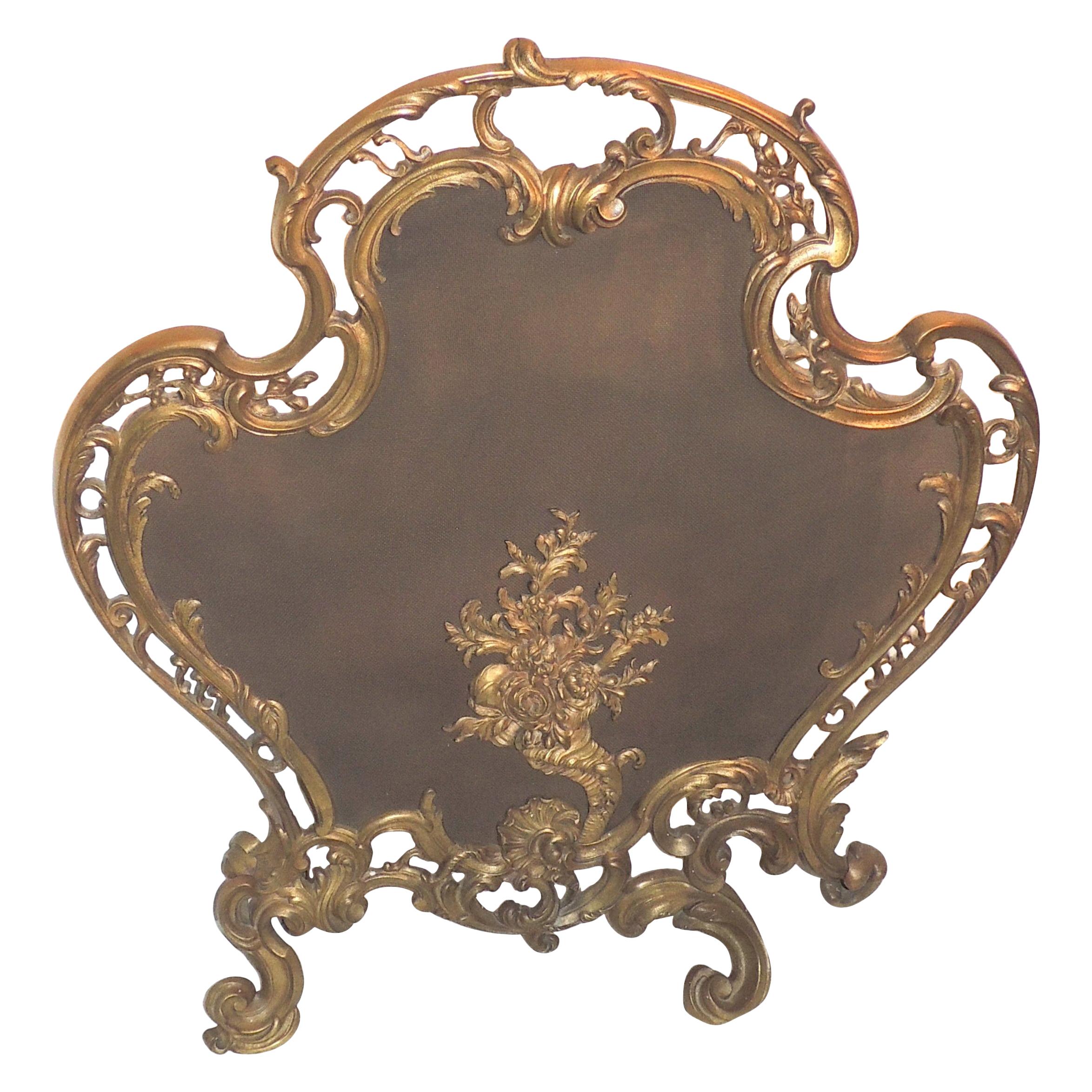 Außergewöhnlicher Dore Bronze Kaminschirm mit Blumenmedaillon und Medaillon, Kaminschirm