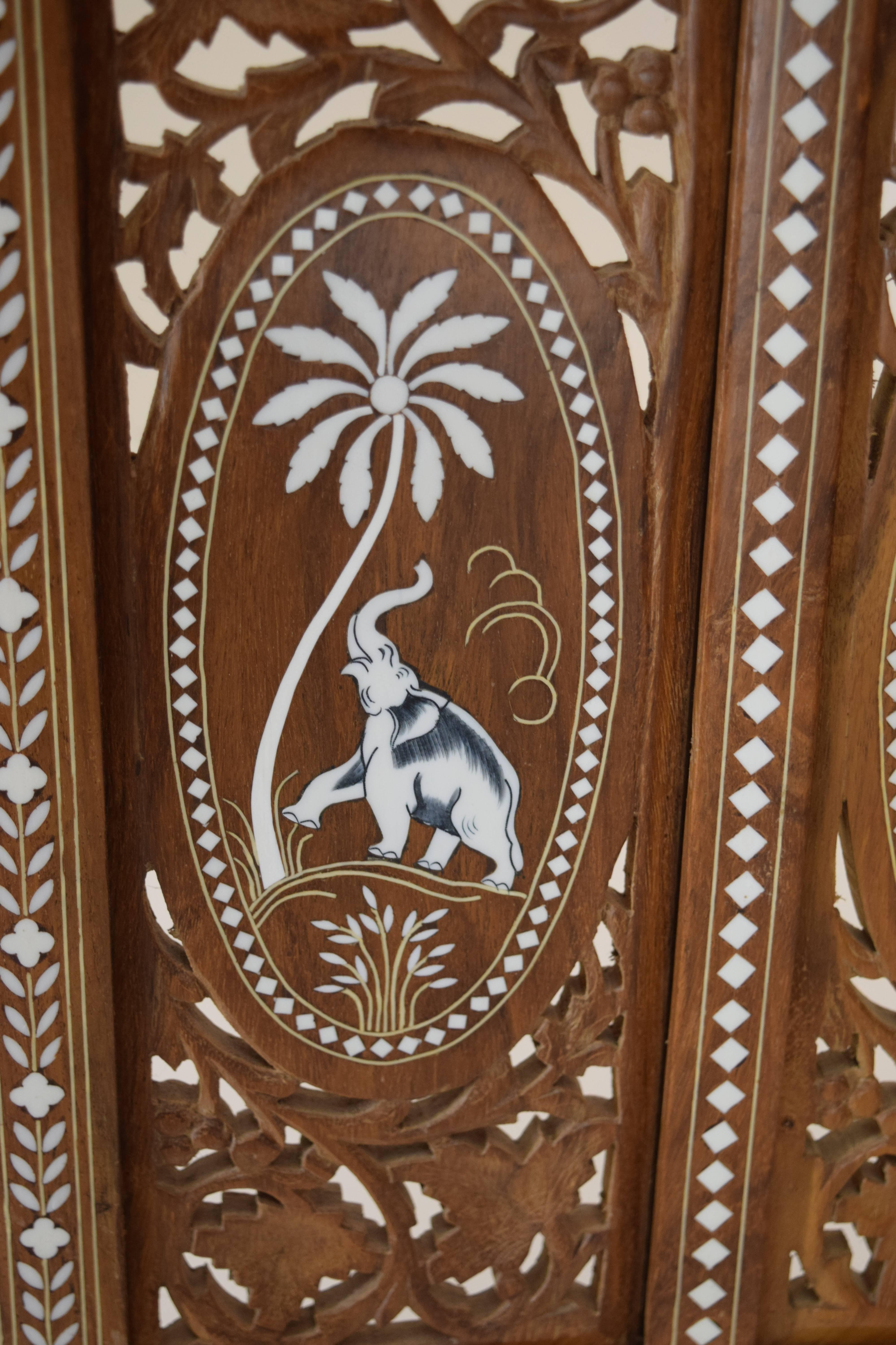 Extraordinary Double Motif Anglo-Indian Privacy Folding Screen in Teak and Bone  1