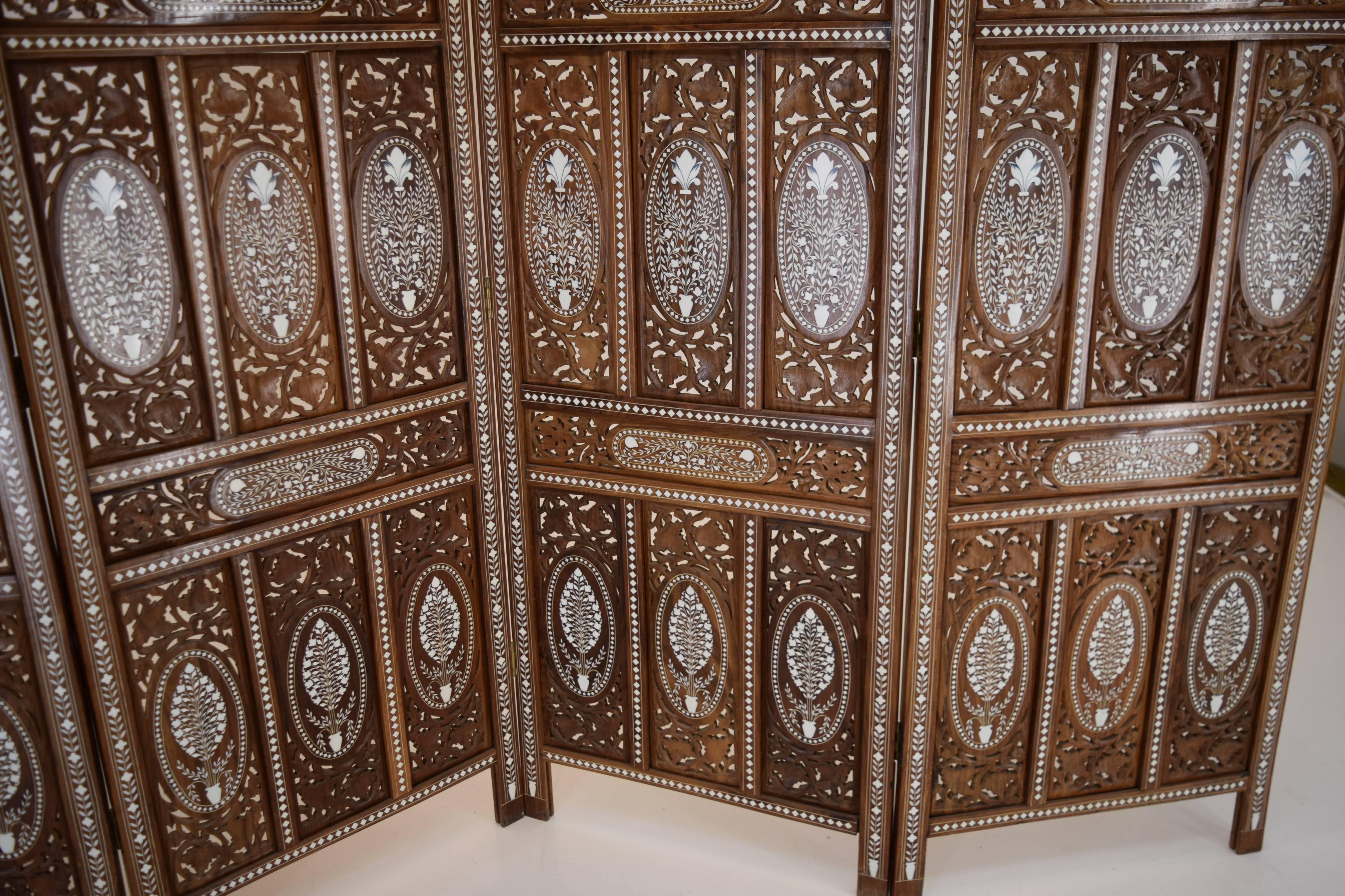 Extraordinary Double Motif Anglo-Indian Privacy Folding Screen in Teak and Bone  2