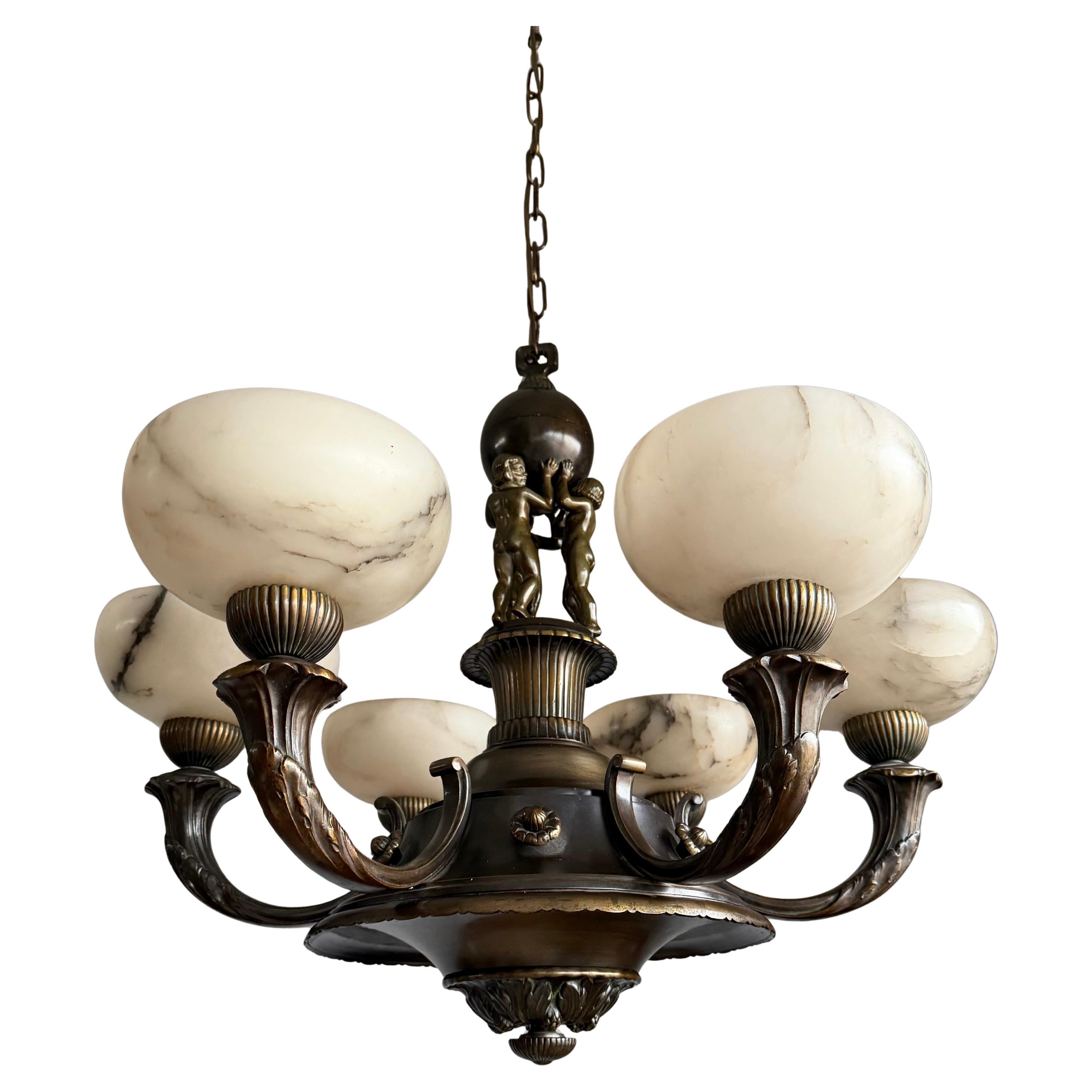 Extraordinary Early-20th-Century Neoclassical Chandelier with Alabaster Shades