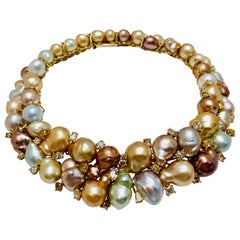 Extraordinary Estate Yvel Multi-Colored Baroque Pearl Diamond 18K Gold Necklace