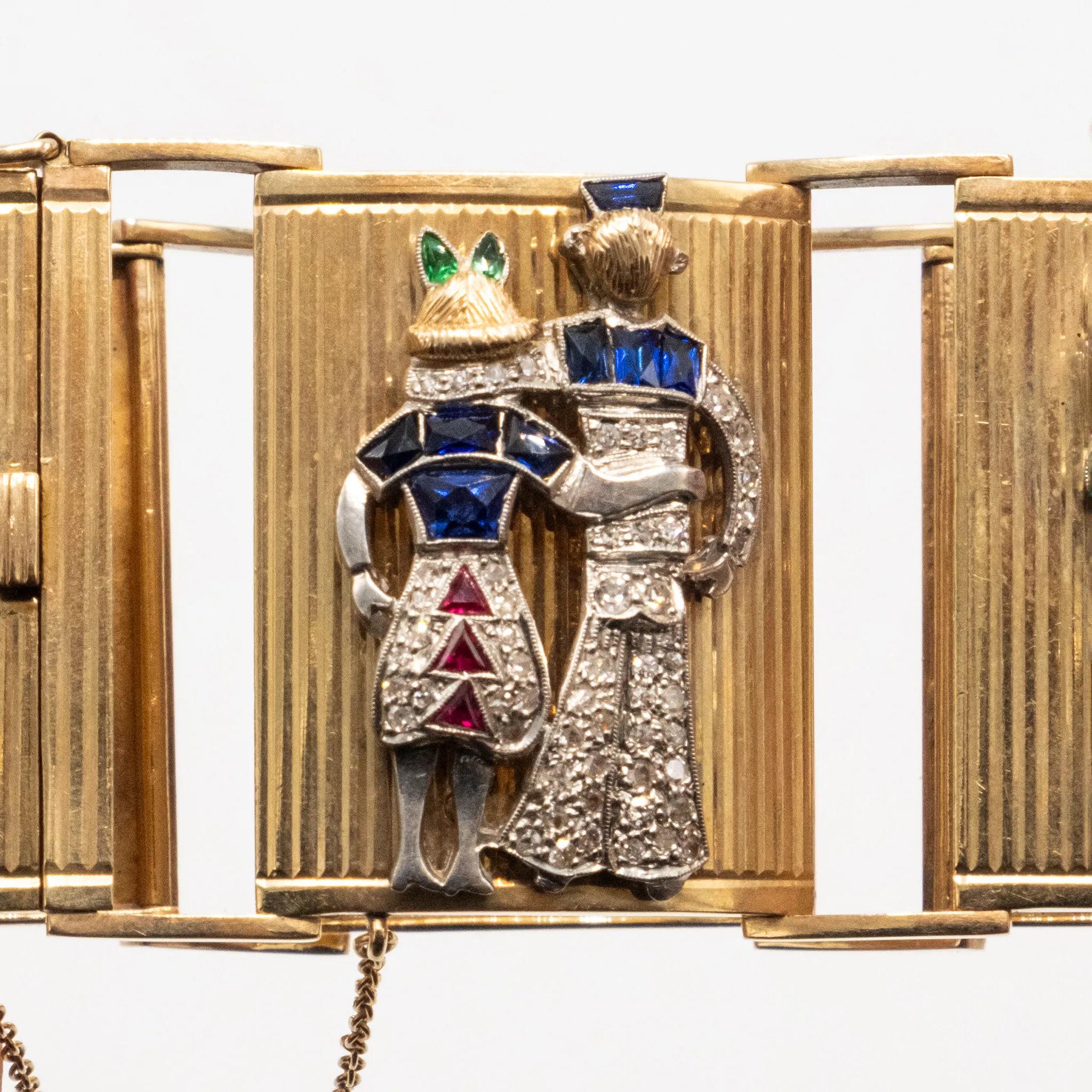 Extraordinaria pulsera francesa de oro con paneles engastados - Años 40 en venta 11