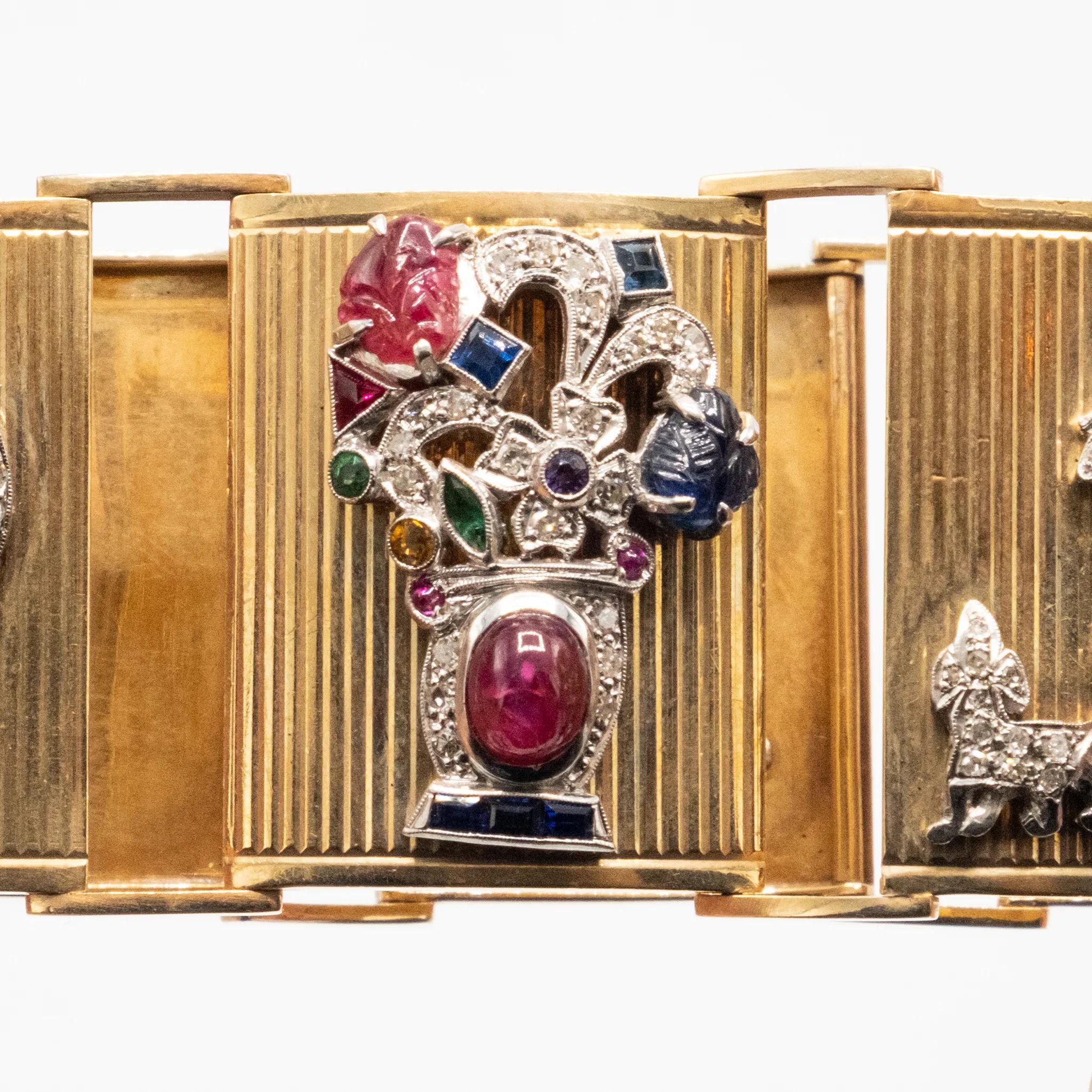 Extraordinaria pulsera francesa de oro con paneles engastados - Años 40 en venta 12