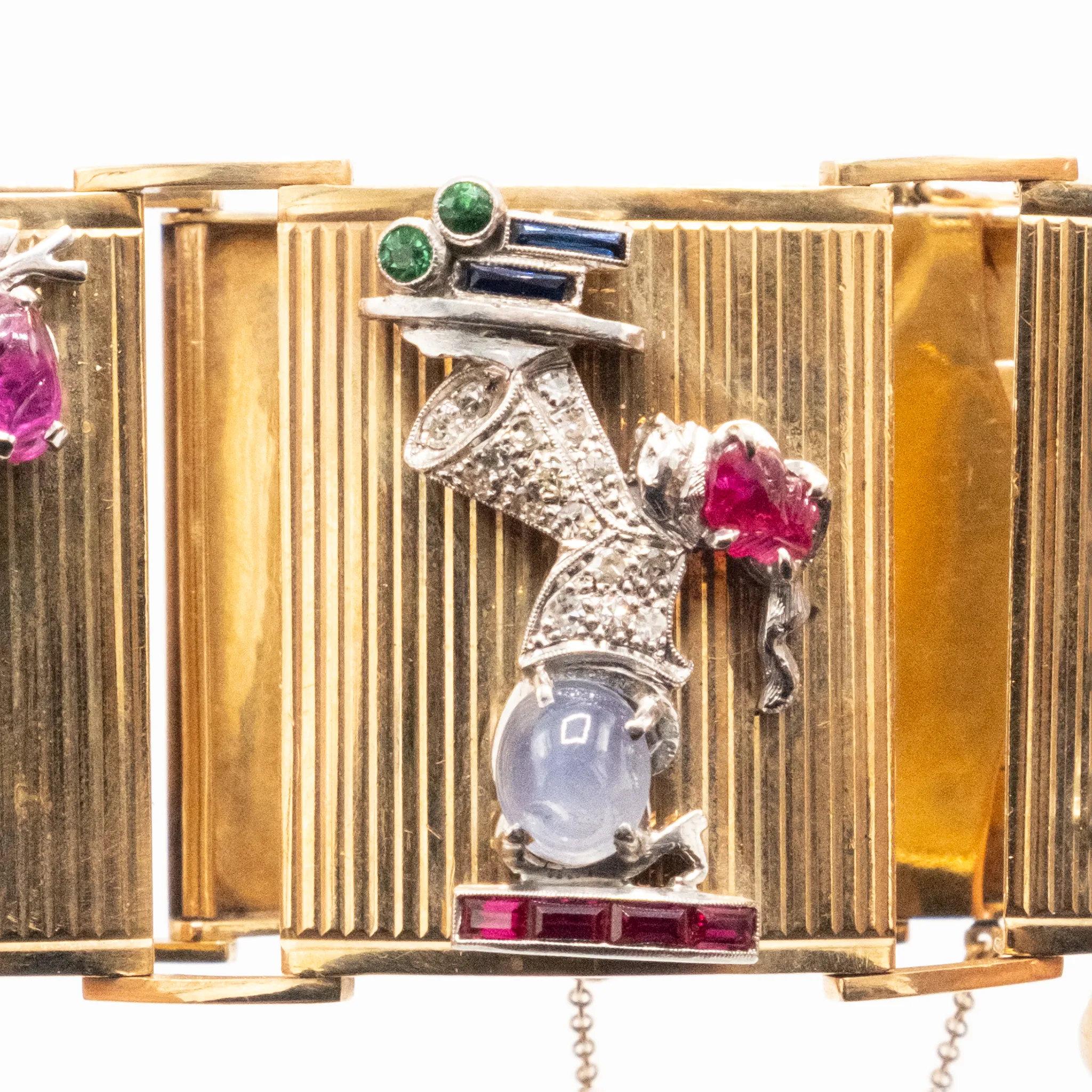 Extraordinaria pulsera francesa de oro con paneles engastados - Años 40 en venta 14