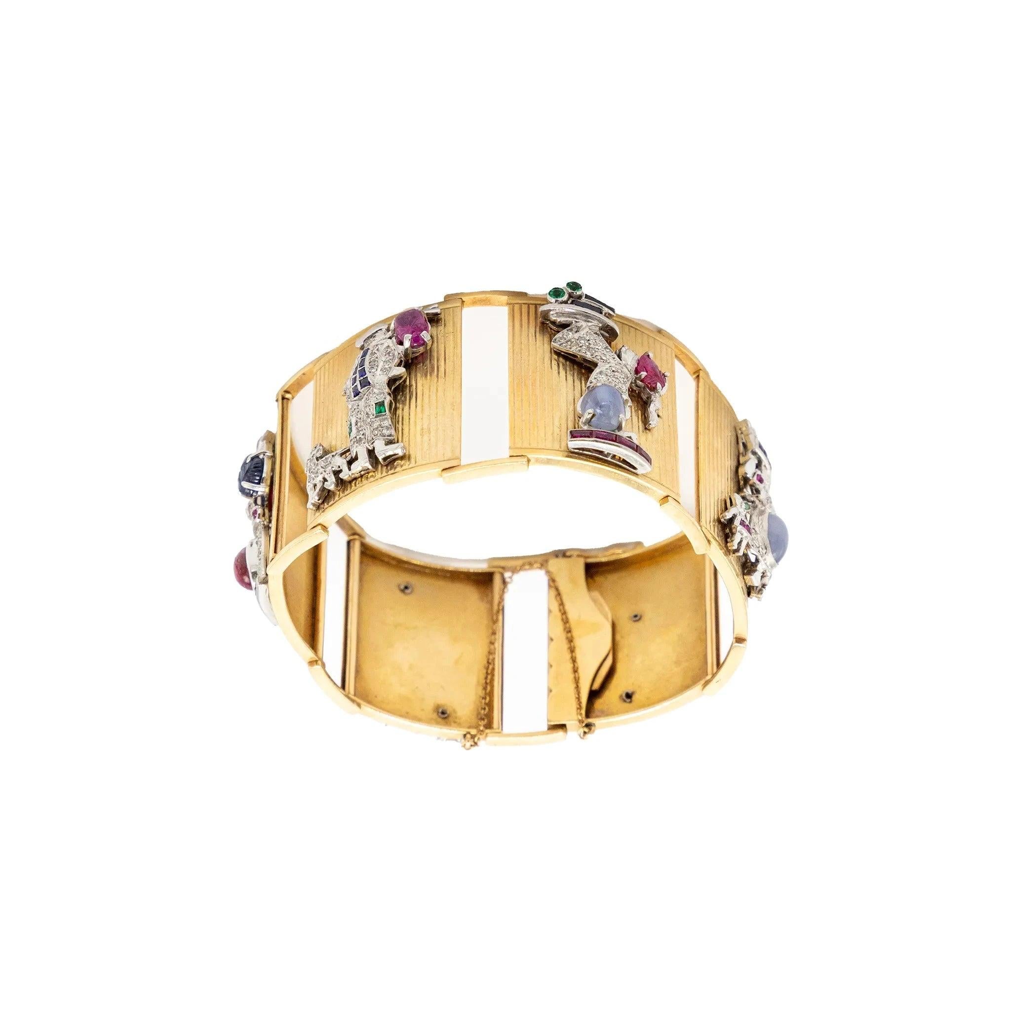 Extraordinaire bracelet en or français avec panneaux sertis de pierres précieuses - années 40 État moyen - En vente à Milano, IT