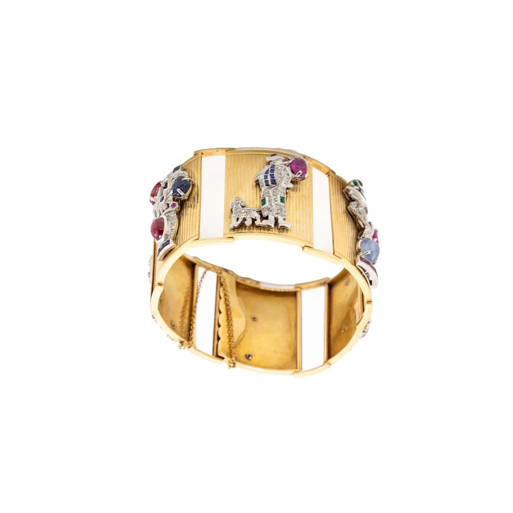 Extraordinaire bracelet en or français avec panneaux sertis de pierres précieuses - années 40 Pour femmes en vente