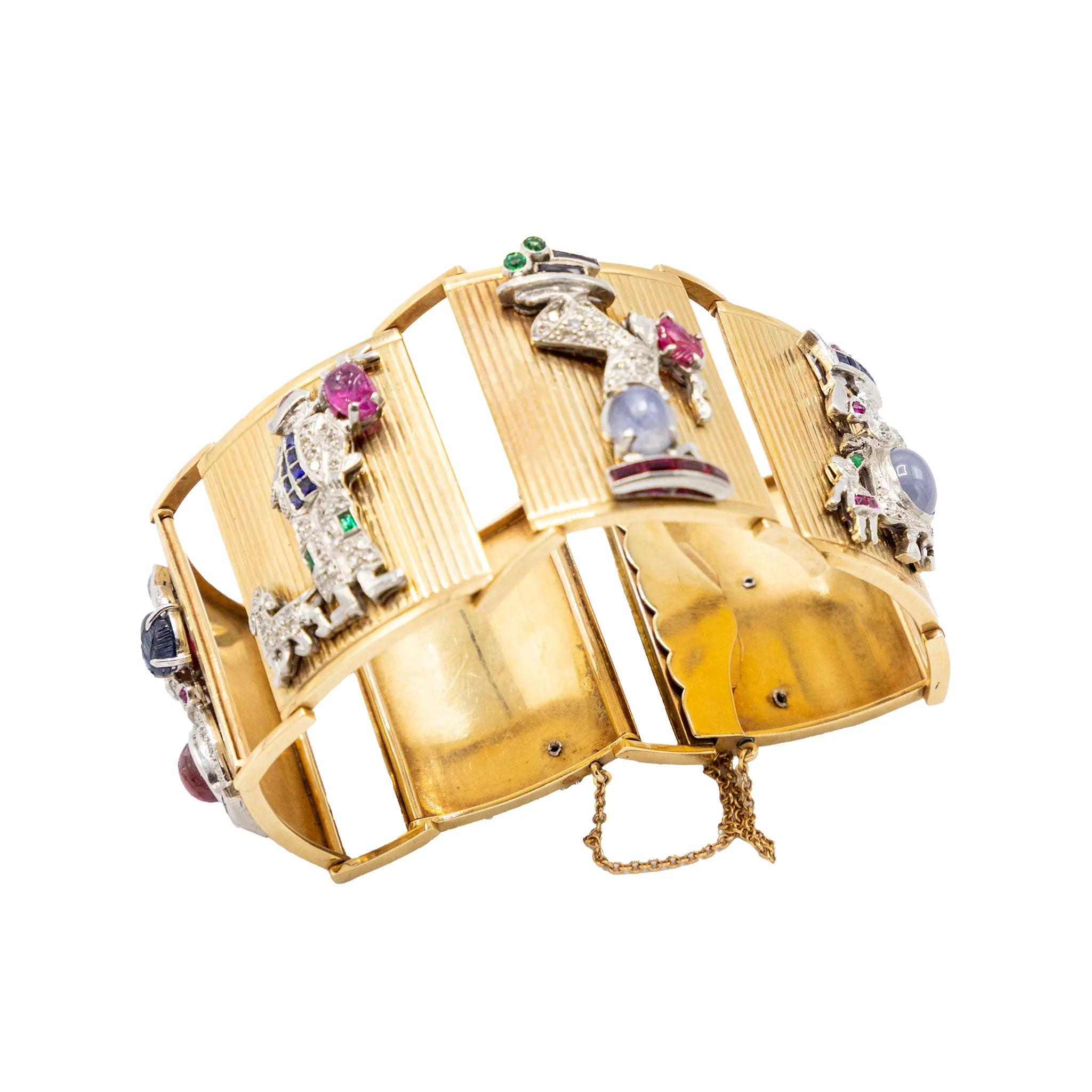 Extraordinaire bracelet en or français avec panneaux sertis de pierres précieuses - années 40 en vente 1