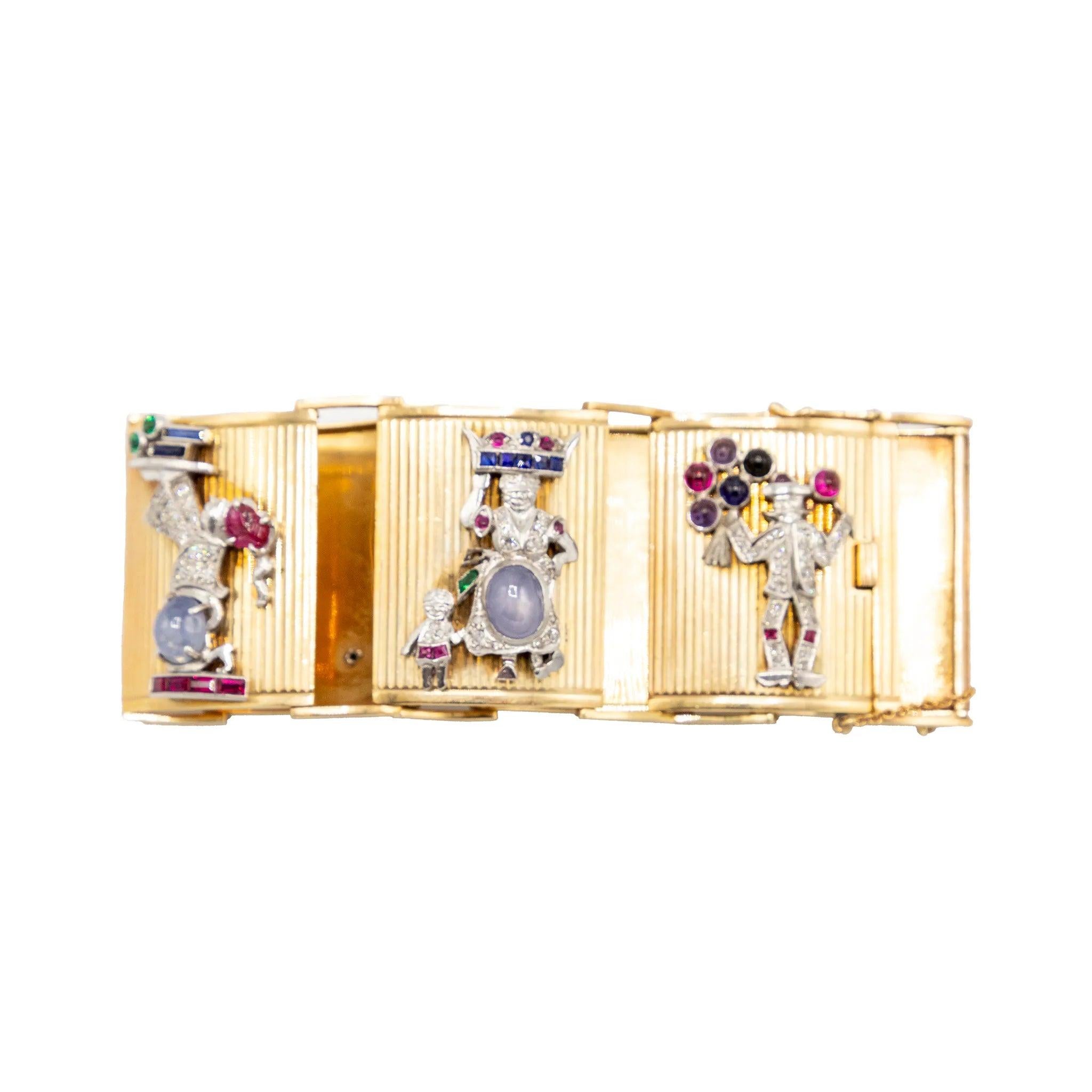Extraordinaire bracelet en or français avec panneaux sertis de pierres précieuses - années 40 en vente 2